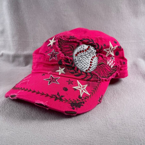 Baseball Mom Hat Womens Adjustable Pink Cadet Army Cap Rhinestones‎ Stars - Picture 1 of 11